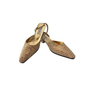 Y2K Gold Sequin Slingback Heels Pointed Toe Kitten Block Heel Glam Size 8